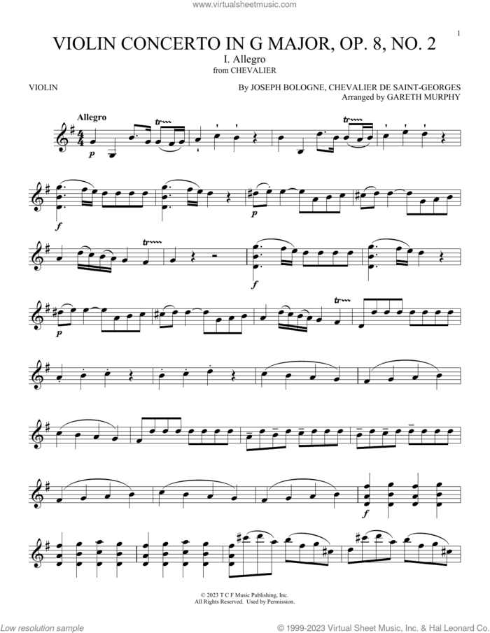 Violin Concerto In G Major, Op. 8 No. 2: 1: Allegro (from Chevalier) sheet music for violin solo by Chevalier de Saint-Georges and Gareth Murphy (arr.), classical score, intermediate skill level