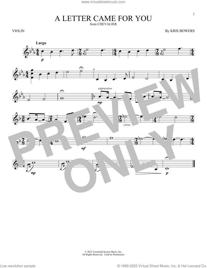 A Letter Came For You (from Chevalier) sheet music for violin solo by Kris Bowers and Chevalier de Saint-Georges, classical score, intermediate skill level