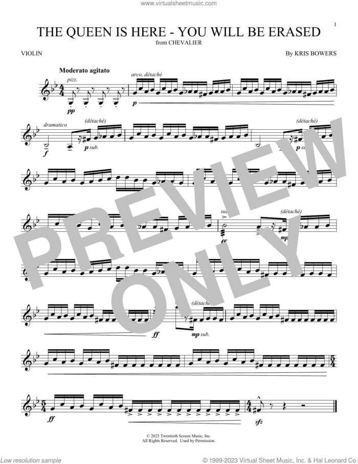 The Queen Is Here - You Will Be Erased (from Chevalier) sheet music for violin solo by Kris Bowers, classical score, intermediate skill level