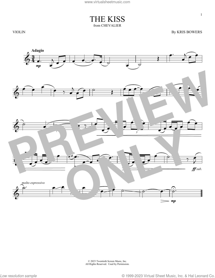 The Kiss (from Chevalier) sheet music for violin solo by Kris Bowers, classical score, intermediate skill level