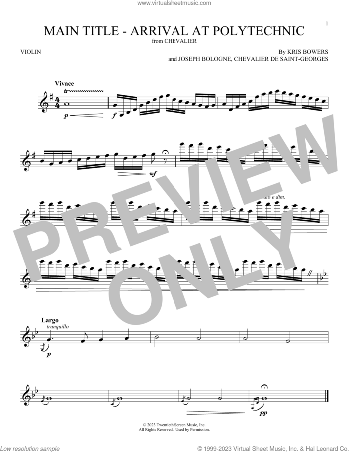 Main Title - Arrival At Polytechnic (from Chevalier) sheet music for violin solo by Kris Bowers and Chevalier de Saint-Georges, classical score, intermediate skill level