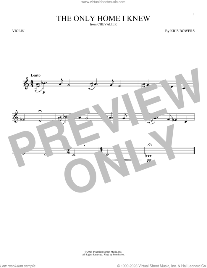 The Only Home I Knew (from Chevalier) sheet music for violin solo by Kris Bowers, classical score, intermediate skill level