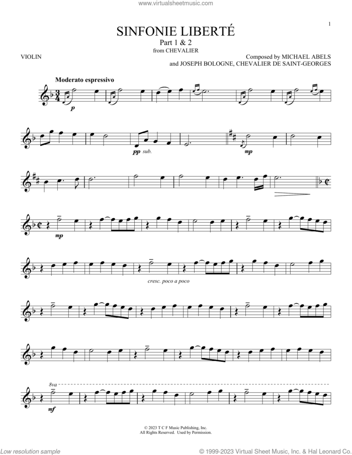 Sinfonie Liberte Part 1 and 2 (from Chevalier) sheet music for violin solo by Chevalier de Saint-Georges and Michael Abels, classical score, intermediate skill level