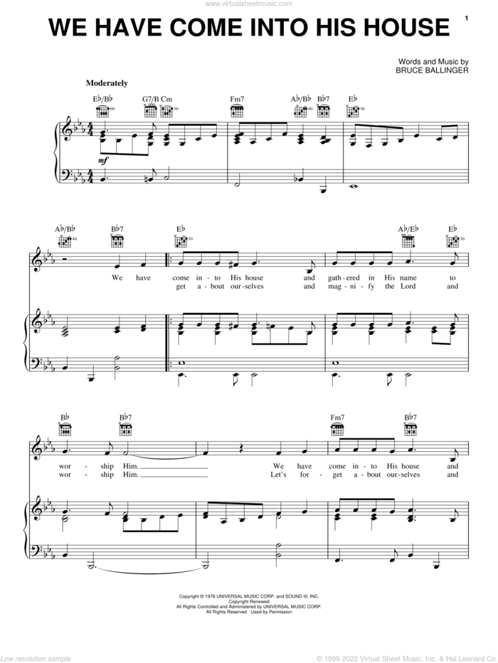 We Have Come Into His House sheet music for voice, piano or guitar by Bruce Ballinger, intermediate skill level