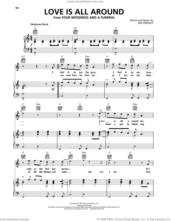 Love Is All Around sheet music for voice, piano or guitar by The Troggs, Wet Wet Wet and Reg Presley, intermediate skill level