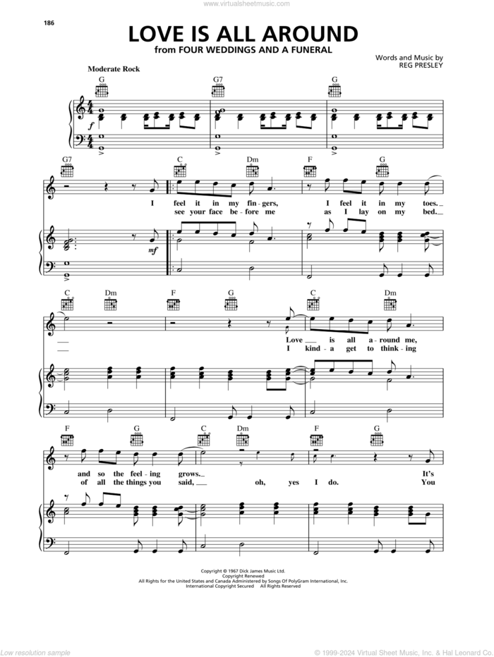 Love Is All Around sheet music for voice, piano or guitar by The Troggs, Wet Wet Wet and Reg Presley, intermediate skill level