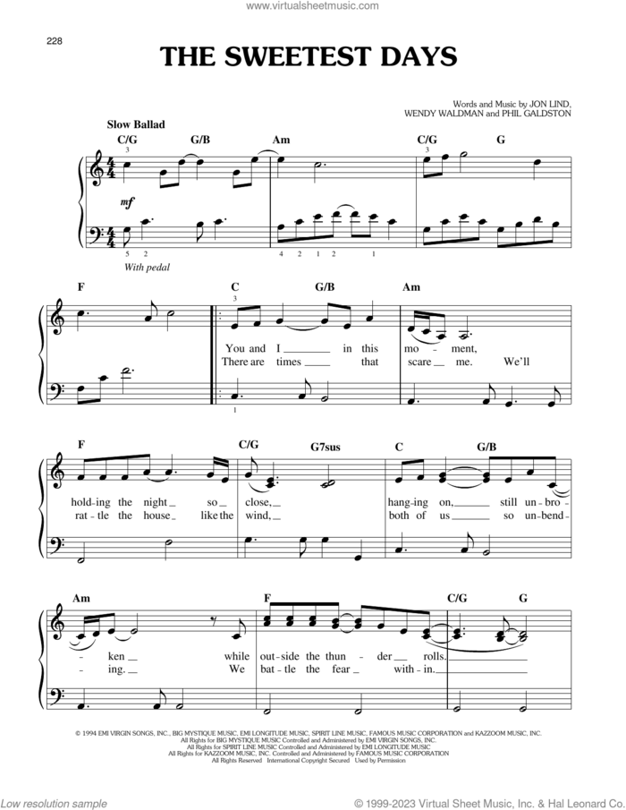 The Sweetest Days sheet music for piano solo by Vanessa Williams, Jon Lind, Phil Galdston and Wendy Waldman, easy skill level