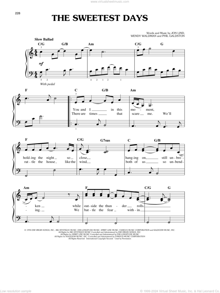 The Sweetest Days sheet music for piano solo by Vanessa Williams, Jon Lind, Phil Galdston and Wendy Waldman, easy skill level