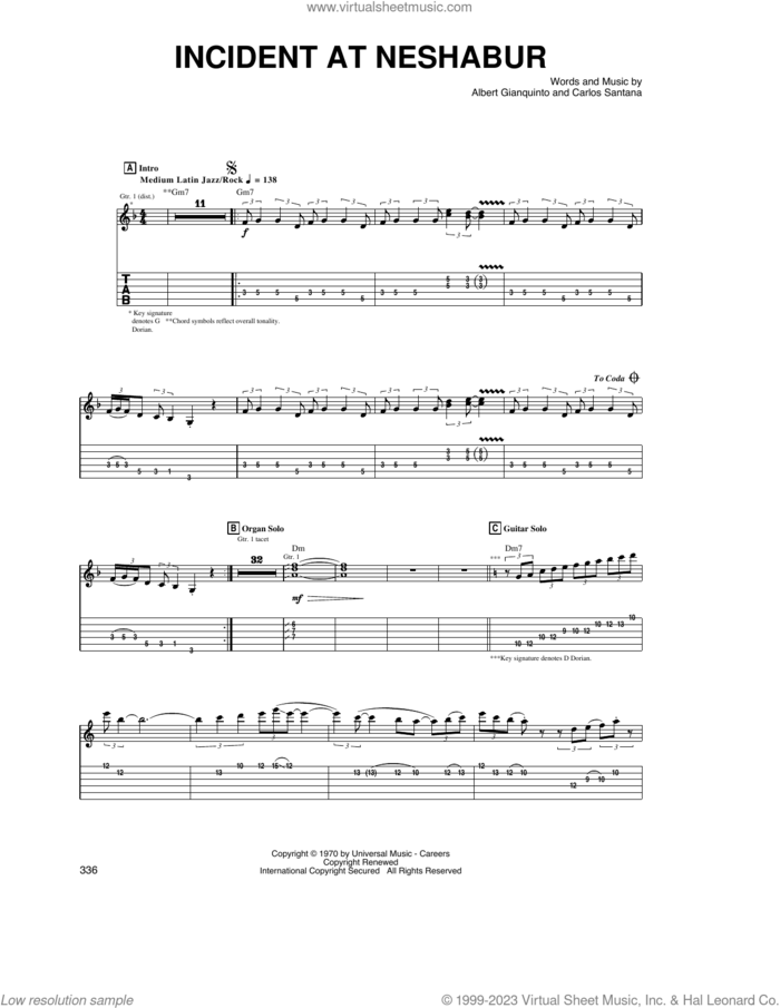 Incident At Neshabur sheet music for guitar (tablature) by Carlos Santana and Albert Ginquinto, intermediate skill level
