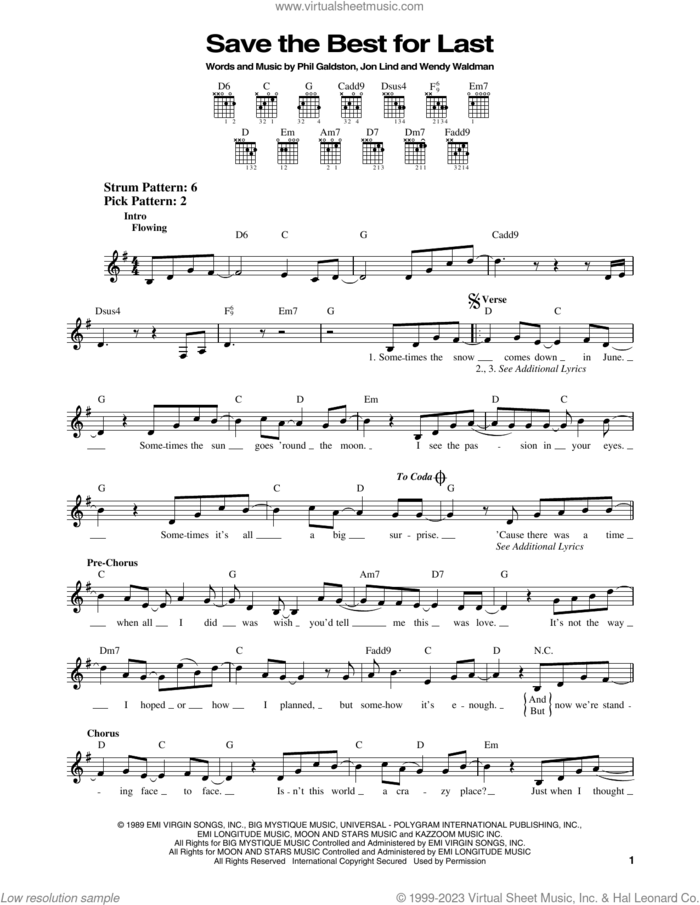 Save The Best For Last sheet music for guitar solo (chords) by Vanessa Williams, Jon Lind, Phil Galdston and Wendy Waldman, easy guitar (chords)
