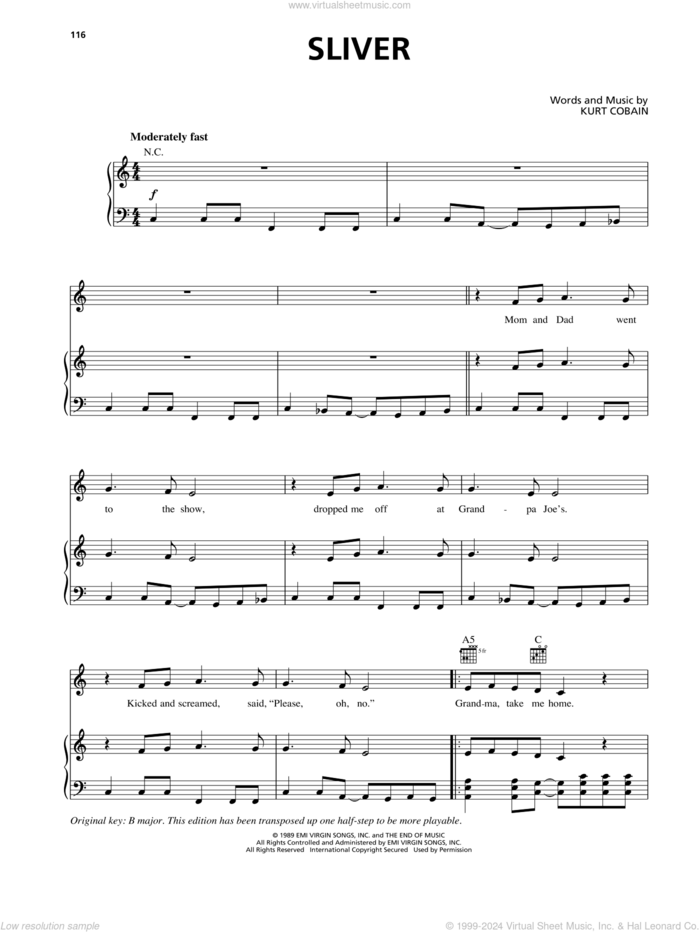 Sliver sheet music for voice, piano or guitar by Nirvana and Kurt Cobain, intermediate skill level