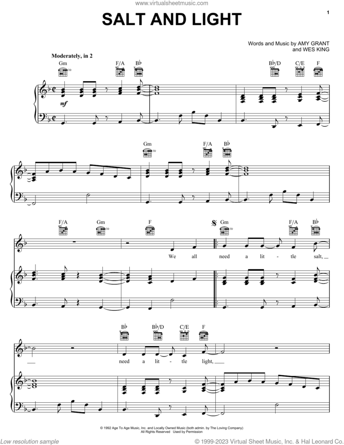 Salt And Light sheet music for voice, piano or guitar by Amy Grant, Amy DeLaine and Wes King, intermediate skill level