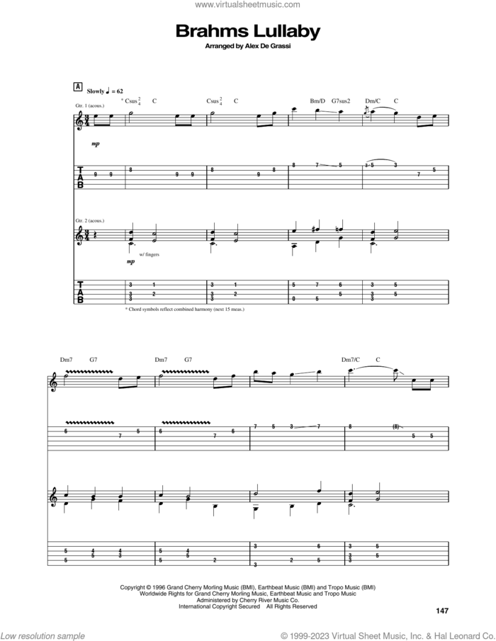Brahms Lullaby sheet music for guitar (tablature) by Alex de Grassi, classical score, intermediate skill level
