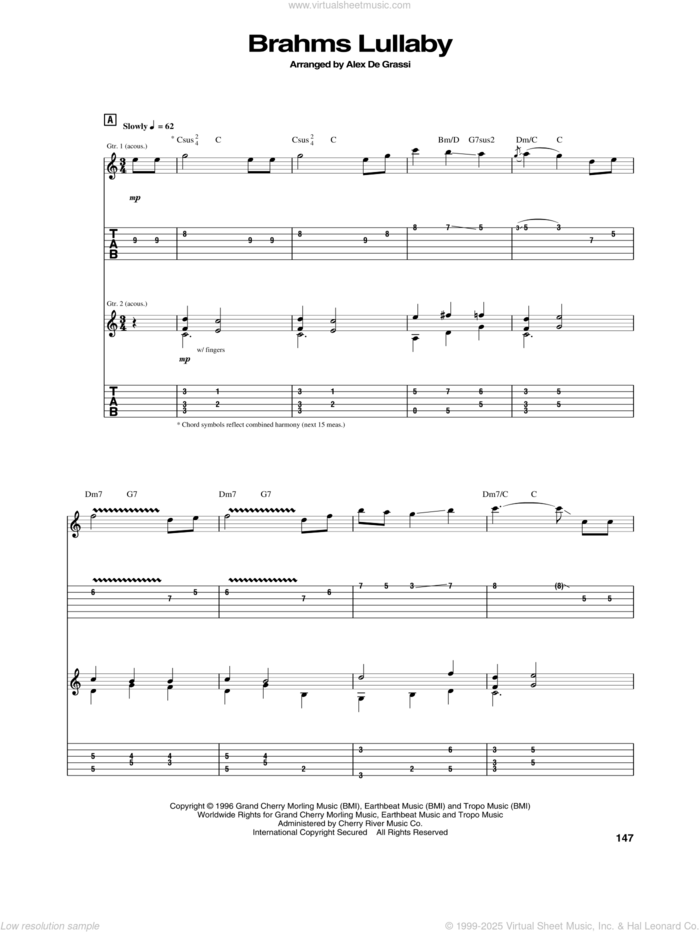 Brahms Lullaby sheet music for guitar (tablature) by Alex de Grassi, classical score, intermediate skill level