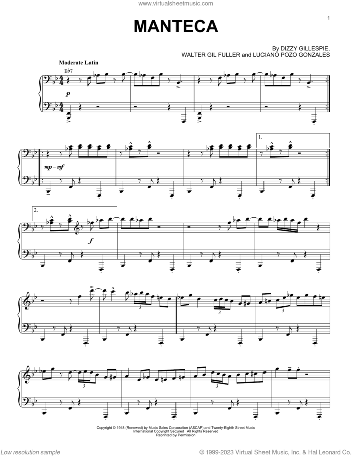 Manteca sheet music for piano solo by Dizzy Gillespie, Luciano Pozo Gonzales and Walter Gil Fuller, intermediate skill level
