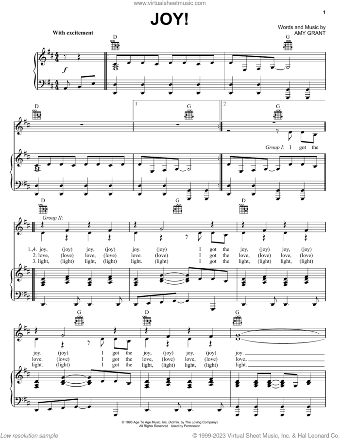 Joy! sheet music for voice, piano or guitar by Amy Grant and Wes King, intermediate skill level
