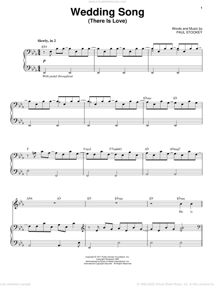 Wedding Song (There Is Love) sheet music for voice and piano by Peter, Paul & Mary, Captain & Tennille, Petula Clark and Paul Stookey, wedding score, intermediate skill level