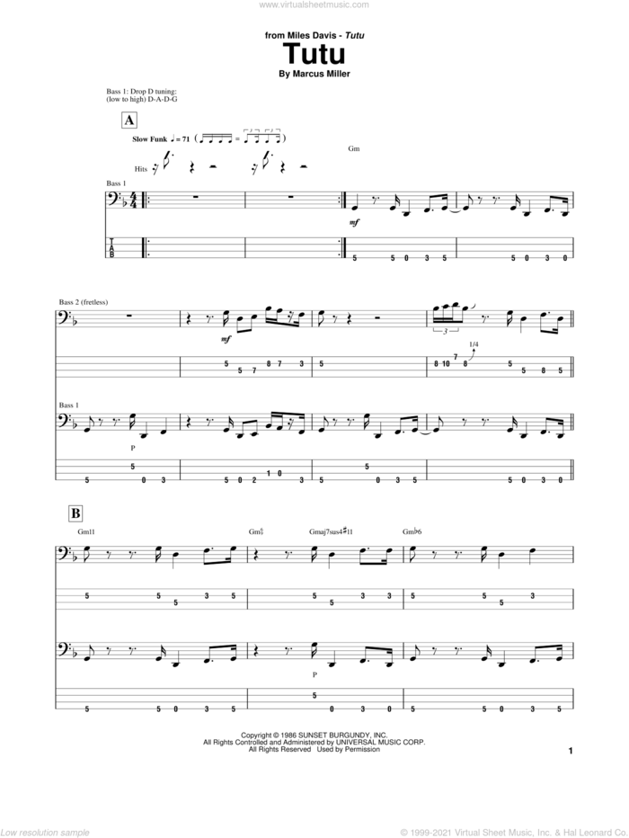 Tutu sheet music for bass (tablature) (bass guitar) by Marcus Miller and Miles Davis, intermediate skill level