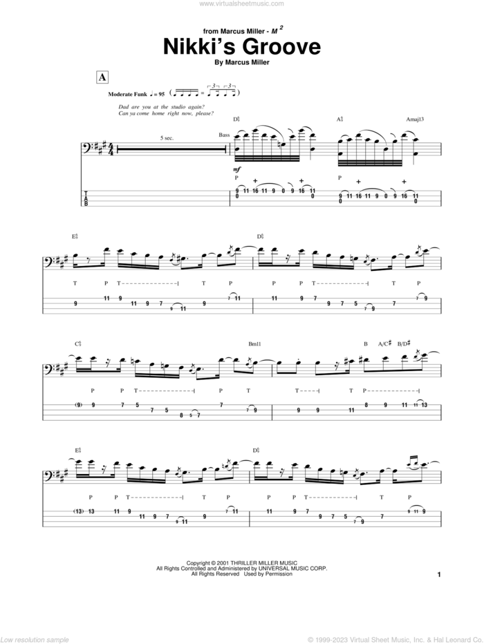 Nikki's Groove sheet music for bass (tablature) (bass guitar) by Marcus Miller, intermediate skill level