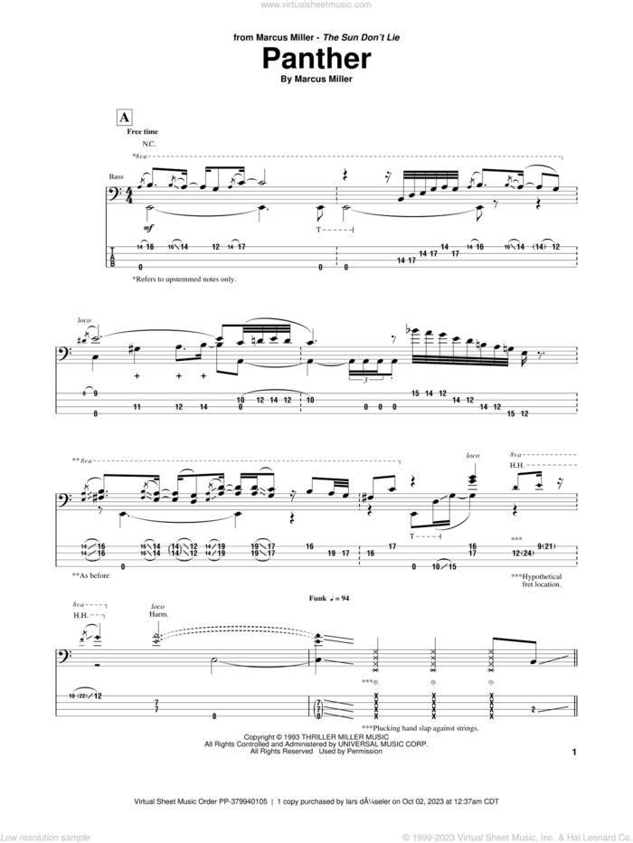 Panther sheet music for bass (tablature) (bass guitar) by Marcus Miller, intermediate skill level