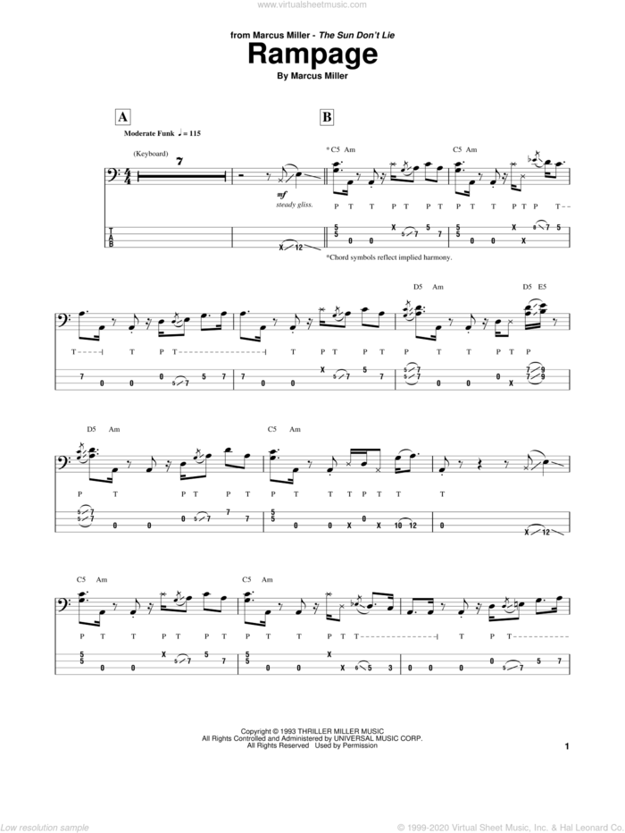 Rampage sheet music for bass (tablature) (bass guitar) by Marcus Miller, intermediate skill level
