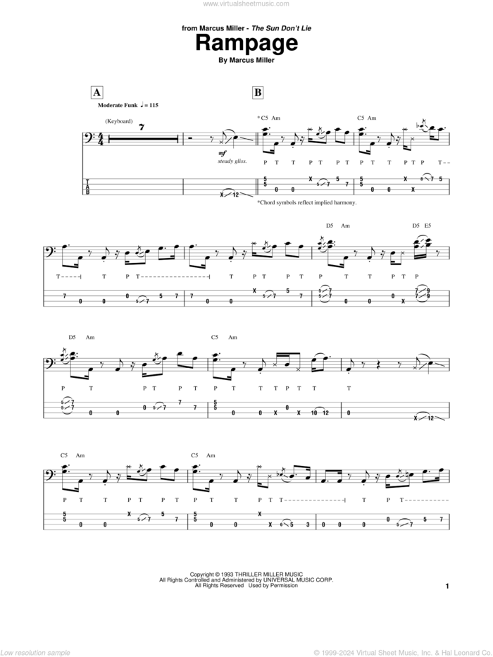 Rampage sheet music for bass (tablature) (bass guitar) by Marcus Miller, intermediate skill level