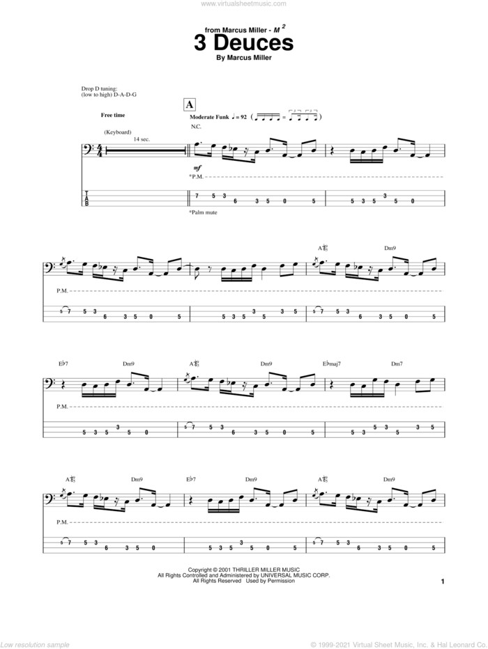 3 Deuces sheet music for bass (tablature) (bass guitar) by Marcus Miller, intermediate skill level