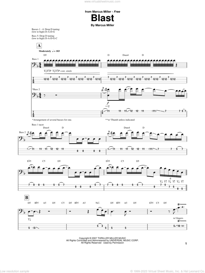 Blast sheet music for bass (tablature) (bass guitar) by Marcus Miller, intermediate skill level