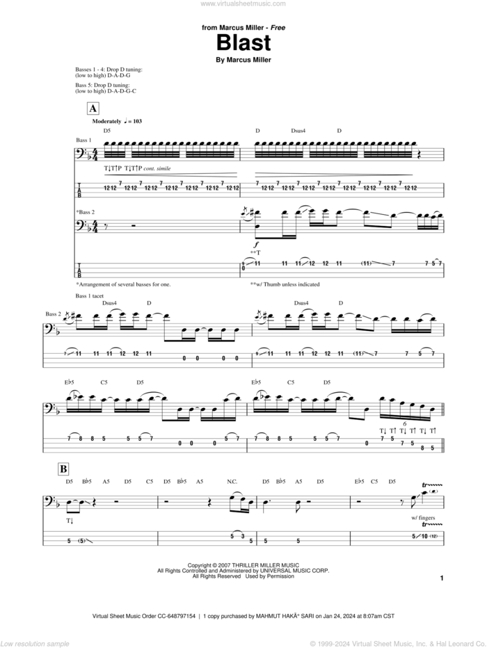 Blast sheet music for bass (tablature) (bass guitar) by Marcus Miller, intermediate skill level