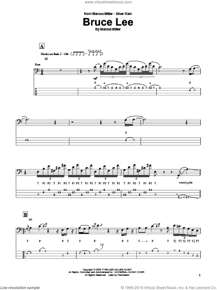 Bruce Lee sheet music for bass (tablature) (bass guitar) by Marcus Miller, intermediate skill level