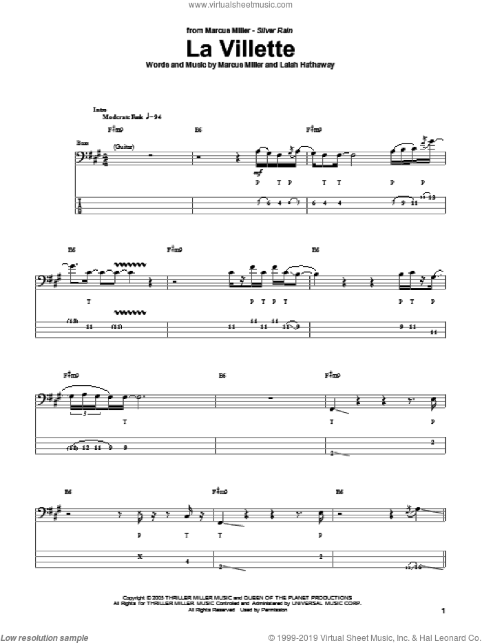 La Villette sheet music for bass (tablature) (bass guitar) by Marcus Miller and Lalah Hathaway, intermediate skill level