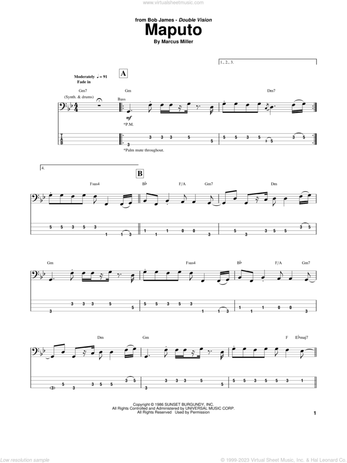 Maputo sheet music for bass (tablature) (bass guitar) by Marcus Miller and Bob James, intermediate skill level