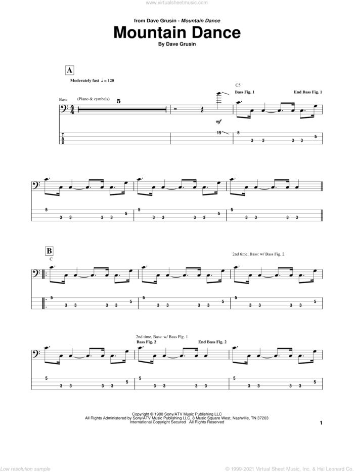 Mountain Dance sheet music for bass (tablature) (bass guitar) by Marcus Miller and Dave Grusin, intermediate skill level