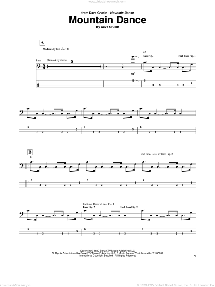 Mountain Dance sheet music for bass (tablature) (bass guitar) by Marcus Miller and Dave Grusin, intermediate skill level