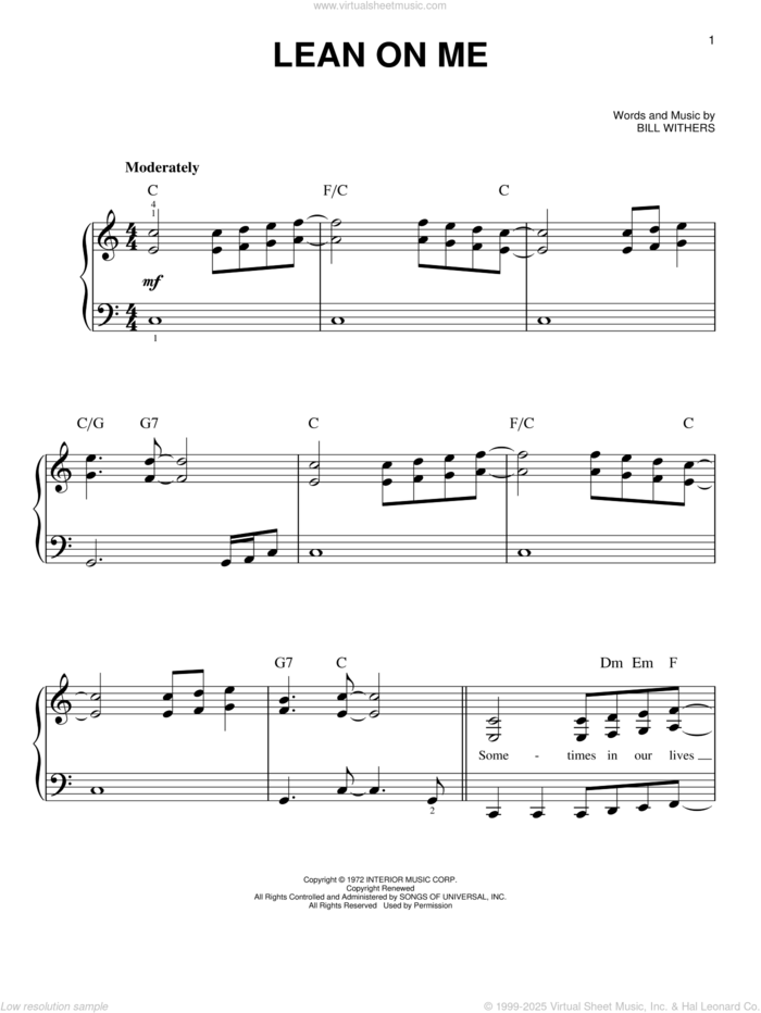 Lean On Me, (easy) sheet music for piano solo by Bill Withers and Miscellaneous, easy skill level