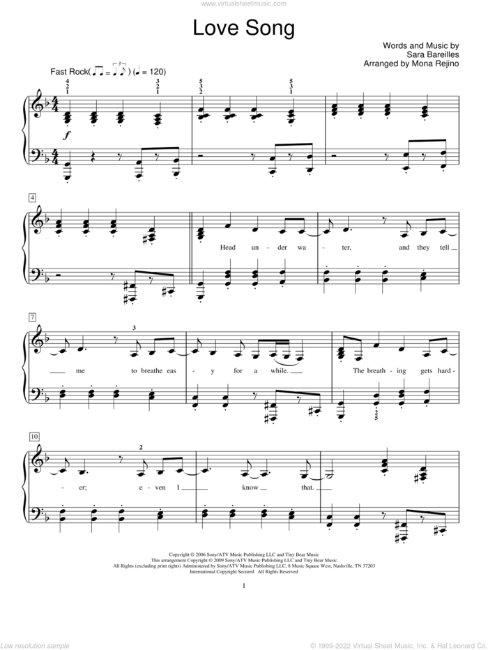 Love Song sheet music for piano solo (elementary) by Sara Bareilles, Miscellaneous and Mona Rejino, beginner piano (elementary)