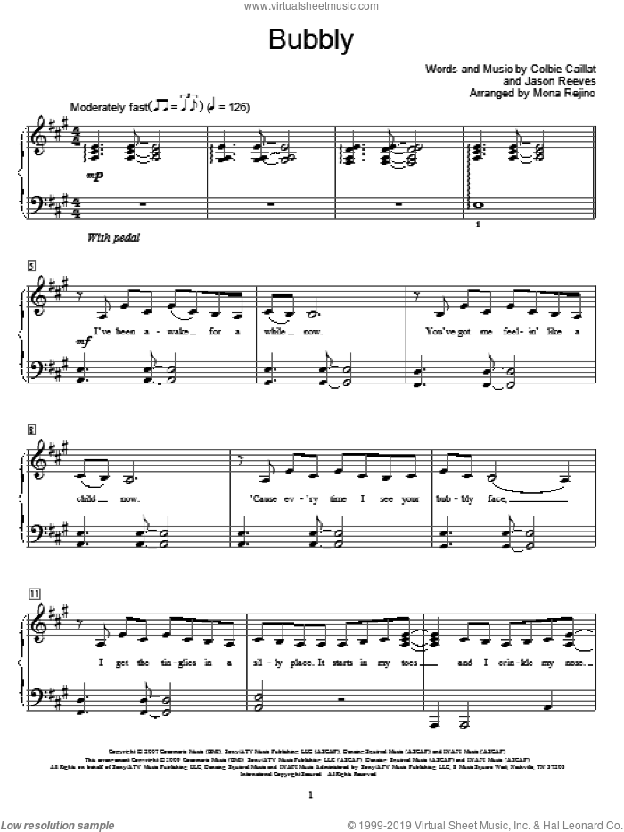 Bubbly sheet music for piano solo (elementary) by Colbie Caillat, Miscellaneous, Mona Rejino and Jason Reeves, beginner piano (elementary)