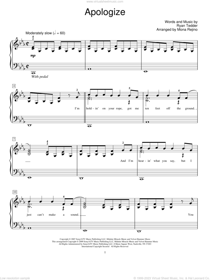 Apologize sheet music for piano solo (elementary) by Timbaland featuring OneRepublic, Miscellaneous, Mona Rejino, OneRepublic, Timbaland and Ryan Tedder, beginner piano (elementary)