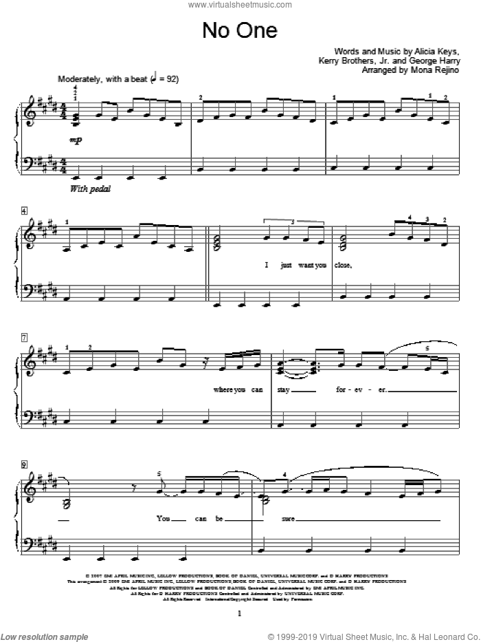 No One sheet music for piano solo (elementary) by Alicia Keys, Miscellaneous, Mona Rejino, George Harry and Kerry Brothers, beginner piano (elementary)