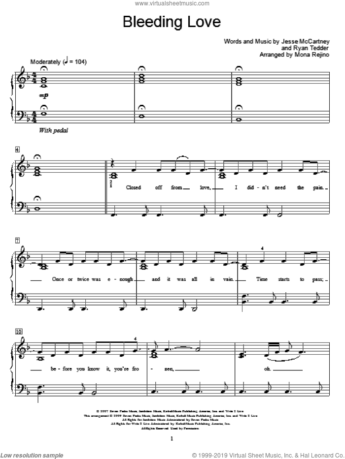 Bleeding Love sheet music for piano solo (elementary) by Leona Lewis, Miscellaneous, Mona Rejino, Jesse McCartney and Ryan Tedder, beginner piano (elementary)