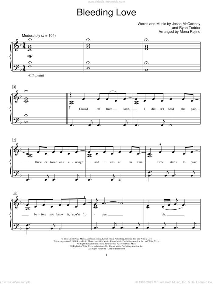 Bleeding Love sheet music for piano solo (elementary) by Leona Lewis, Miscellaneous, Mona Rejino, Jesse McCartney and Ryan Tedder, beginner piano (elementary)