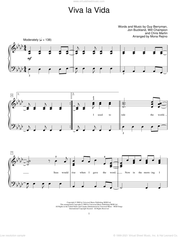 Viva La Vida sheet music for piano solo (elementary) by Coldplay, Miscellaneous, Mona Rejino, Chris Martin, Guy Berryman, Jon Buckland and Will Champion, beginner piano (elementary)