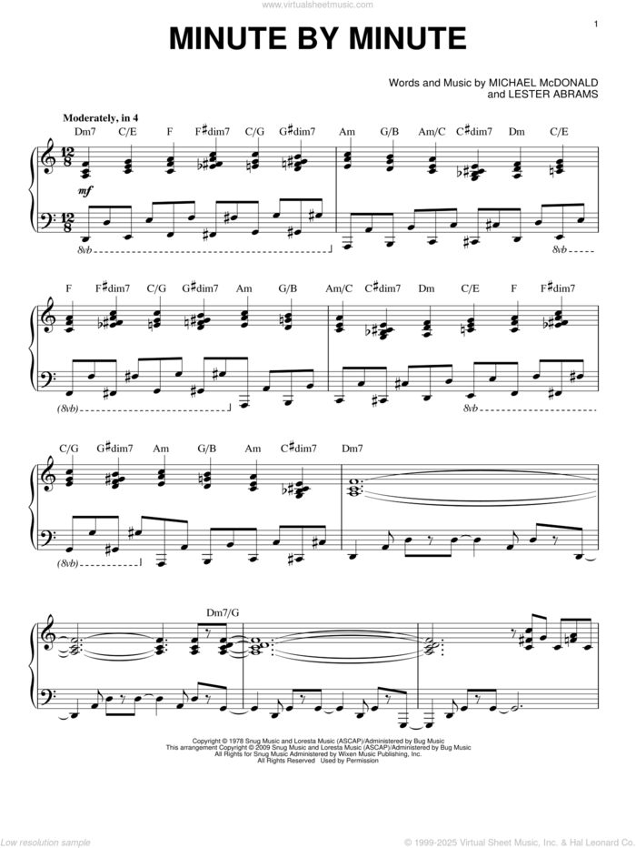 Minute By Minute (arr. Larry Moore) sheet music for piano solo by The Doobie Brothers, Lester Abrams and Michael McDonald, intermediate skill level