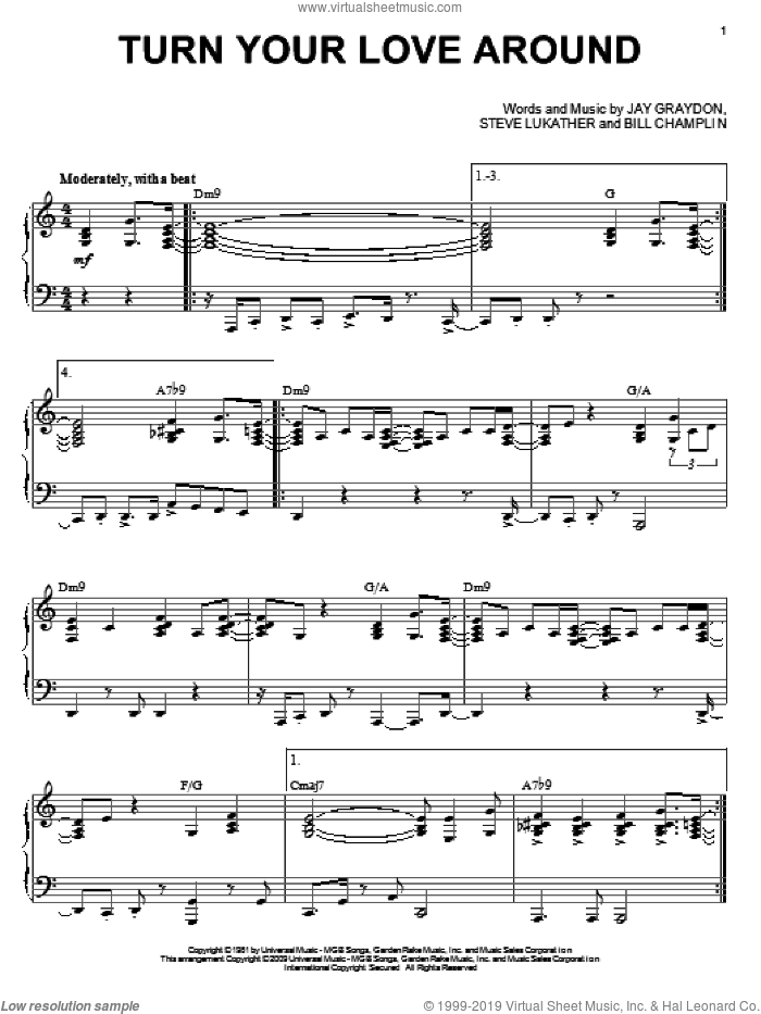 Turn Your Love Around (arr. Larry Moore) sheet music for piano solo by George Benson, Bill Champlin, Jay Graydon and Steve Lukather, intermediate skill level