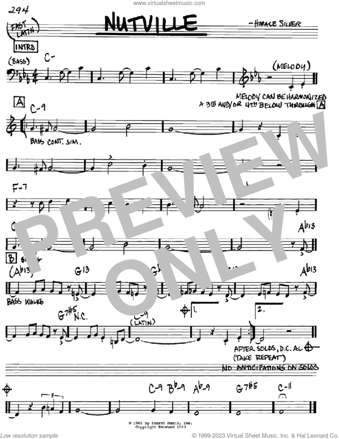 Nutville sheet music for voice and other instruments (in C) by Horace Silver, intermediate skill level