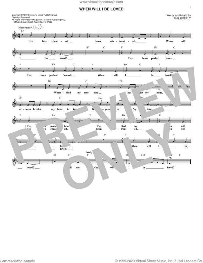 When Will I Be Loved sheet music for voice and other instruments (fake book) by Linda Ronstadt and Phil Everly, intermediate skill level