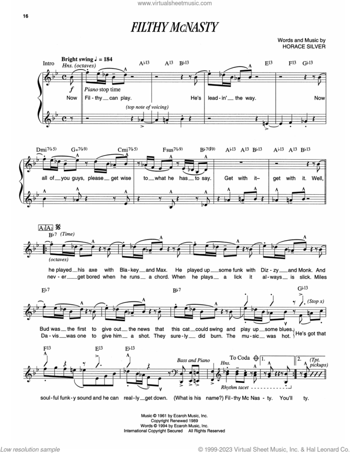 Filthy McNasty sheet music for piano solo (transcription) by Horace Silver, intermediate piano (transcription)