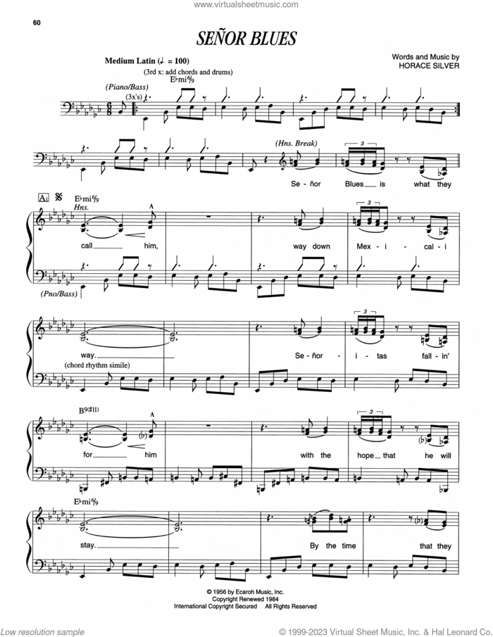 Senor Blues sheet music for piano solo (transcription) by Horace Silver, intermediate piano (transcription)