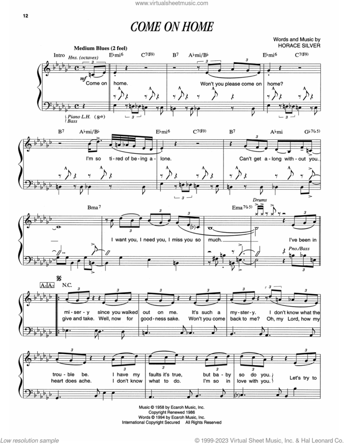 Come On Home sheet music for piano solo (transcription) by Horace Silver, intermediate piano (transcription)