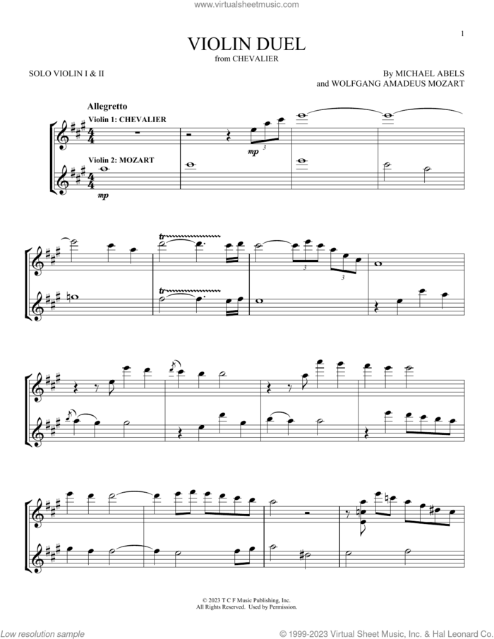 Violin Duel (from Chevalier) sheet music for two violins (duets, violin duets) by Wolfgang Amadeus Mozart and Michael Abels, classical score, intermediate skill level